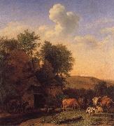 A Landscape with Cows,sheep and horses by a Barn